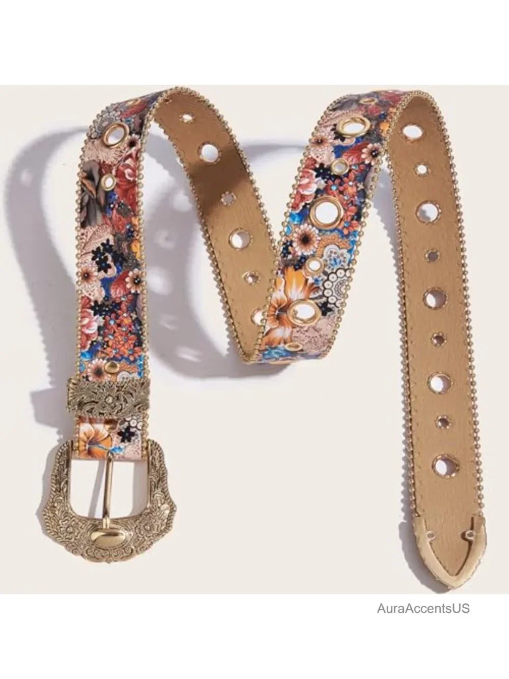 Vintage Western Belt Faux Leather Floral Carved Buckle Cowgirl Waist